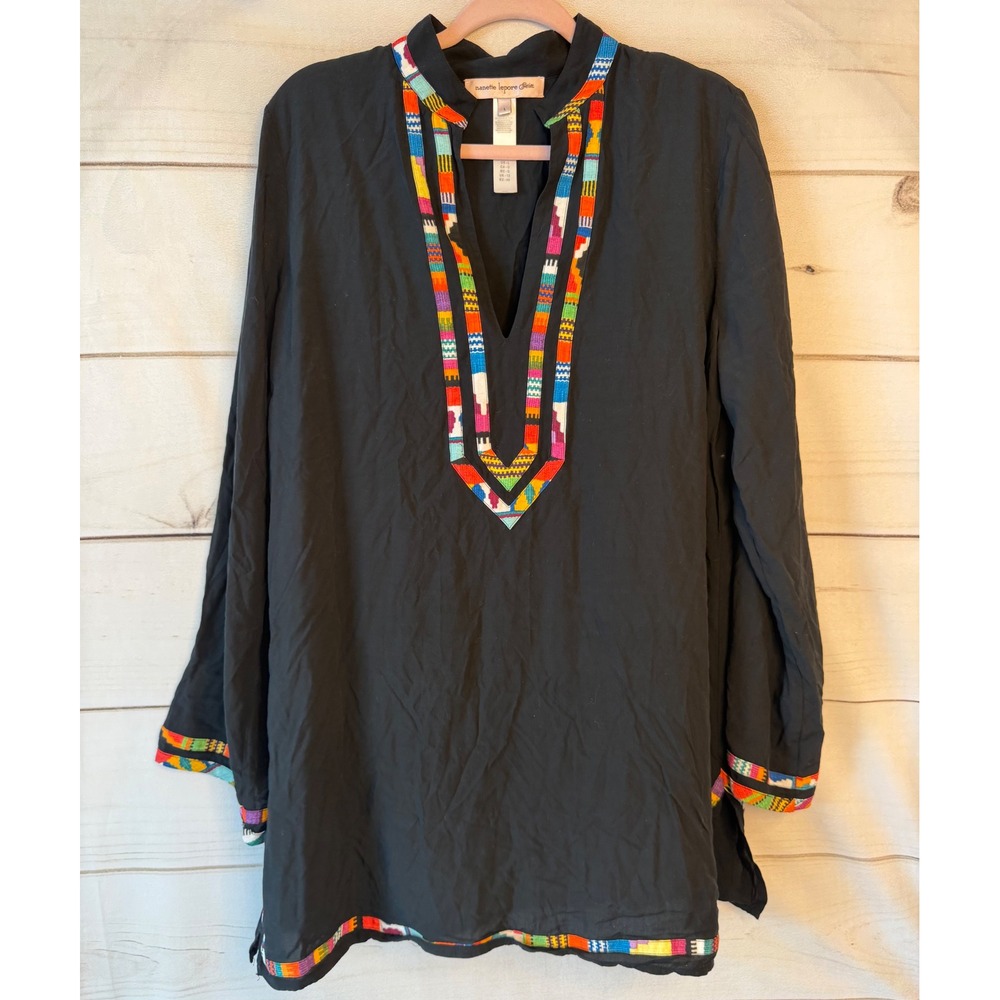 Nanette Lepore Swim Black Embroidered Tunic Cover Up Womens Large Boho Geometric
